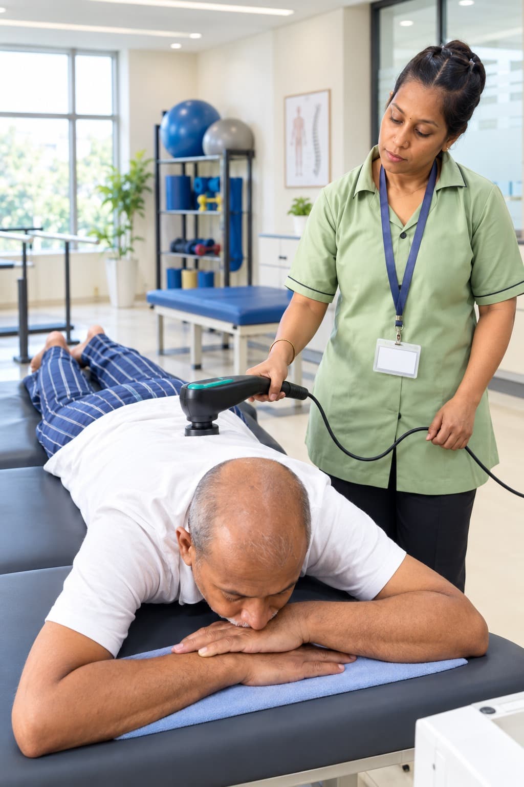 Therapist providing physical therapy to a patient on a treatment table